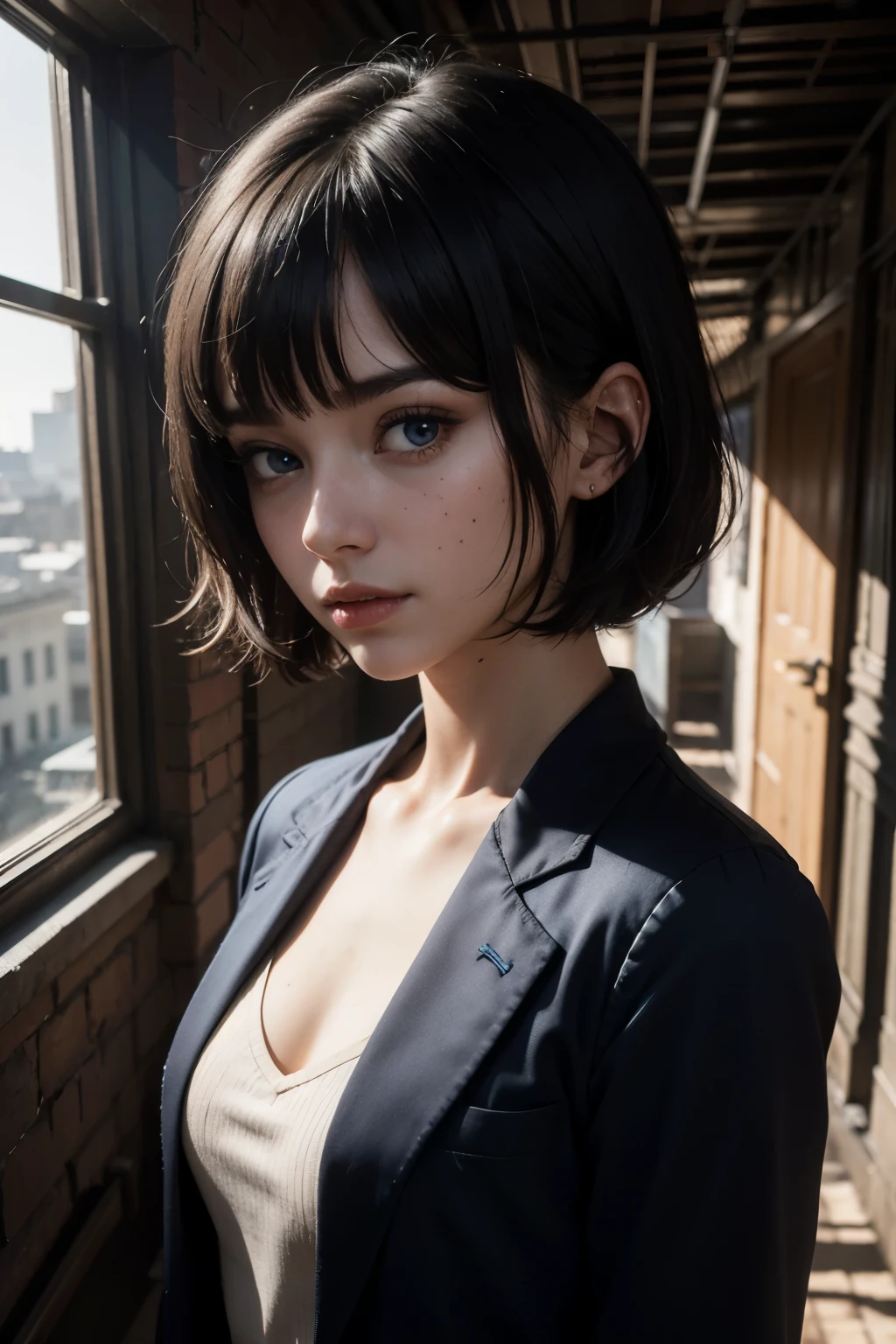 35mm film, solo, bob cut, makeup, blue eyes, small tits, (school uniform), blazer, looking at viewer, palace (((in a basement))) upper body, epiCPhoto,focus on face, close to viewer, intricate lines, intriguing atmosphere, sharp magnificent details, delicate features, elaborate details, beautiful girl, black hair, (short hair) twenty year old woman, ((upper body)) (Acne), ((natural lighting))