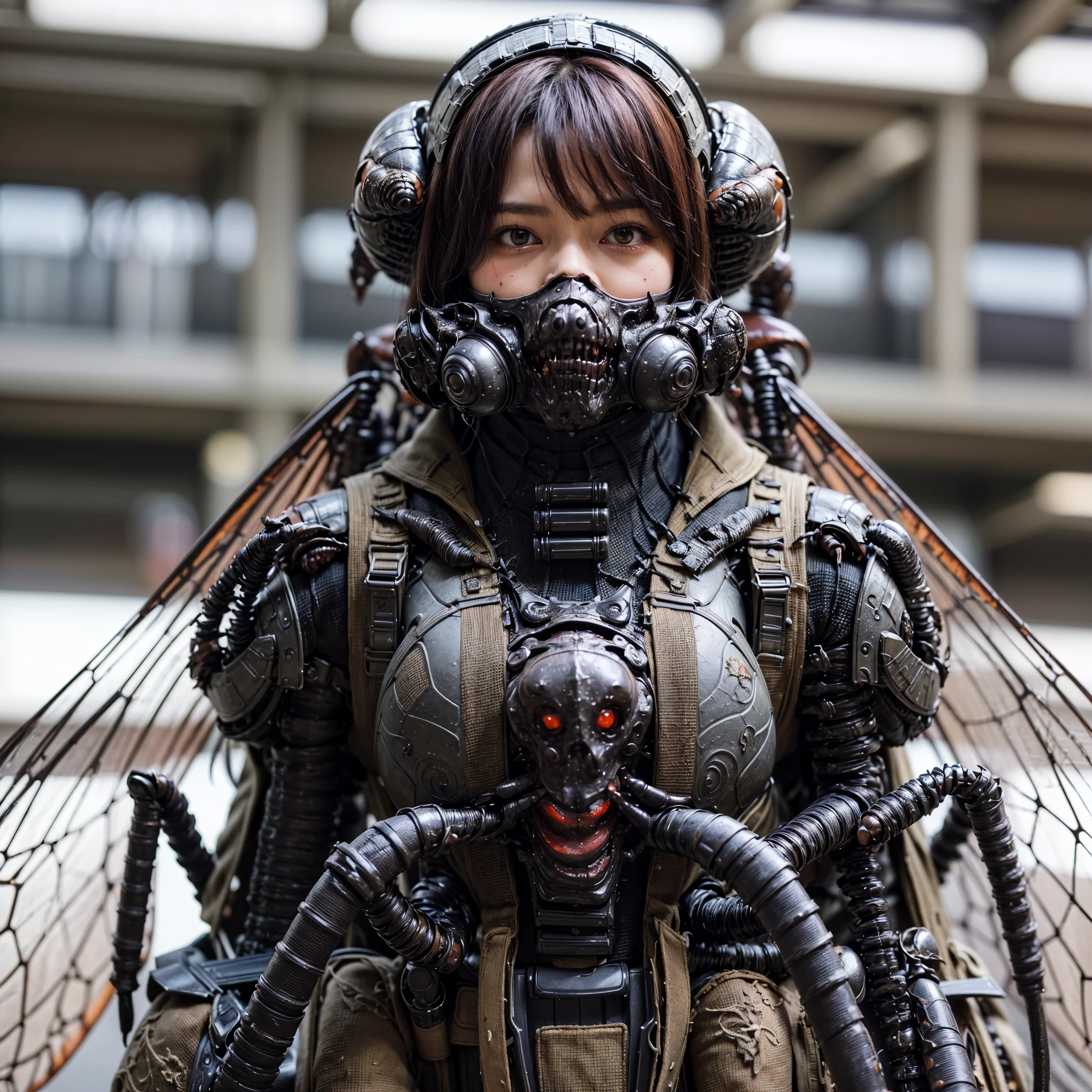 (high resolution,masterpiece,best quality,extremely detailed CG,),(japanese femal soldier), photorealistic, amazing fine details, all intricate, gloss and shiny,awesome many layers, 8k, ultimately realistic face, villainess, (fusion of cockroach and lady:1.4), (cockroach form lady:1.2), (cockroach lady:1.2), (fusion:1.2), (cockroach exoskeleton bio insect armor:1.4), fighting pose, (whole body picture), dystopia with a beautiful view