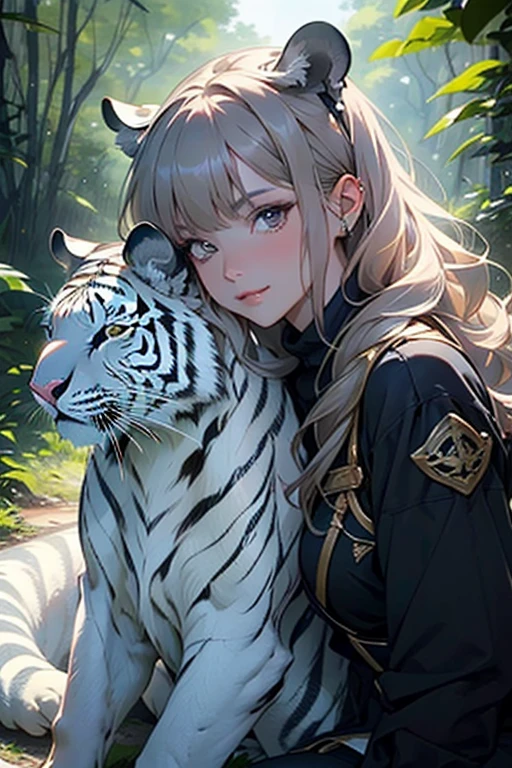 (A beautiful and seductive female warrior with flowing brown hair.)、From the waist up angle、(Hall々White tiger)。Her bright smile and sharp gaze captivate everyone who sees her.、It embodies strength and sophistication。Exquisite detailing of armor and weapons、Dressed with technology and elegance。Surrounding them is、Lush and vibrant forest background、The sunlight filtering through the dense canopy、It casts a gentle glow on the scene.。The atmosphere is full of adventure and mystery.、Distant cries of wild animals echo through the air.。この畏敬の念を起こさせる画像はHigh resolutionの写真で撮影され、Every intricate detail is visible and、Vibrant colors and textures are highlighted。The final work is、Combining classic artistry with a modern twist、(Incredibly detailed:1.1)、、(High-definition model:1.1)、(Incredibly realisticなトーン:1.1)、(Deep Sharpness:1.1)、(Incredibly realistic:1.1)、(High resolution)、(Detailed waypoints:1.1)、(Detailed Background:1.1)、(Fine details:1.5)、(masterpiece:1.5)、(Detailed face:1.5)