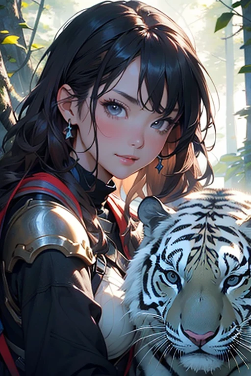(A beautiful and seductive female warrior with flowing brown hair.)、From the waist up angle、(Hall々White tiger)。Her bright smile and sharp gaze captivate everyone who sees her.、It embodies strength and sophistication。Exquisite detailing of armor and weapons、Dressed with technology and elegance。Surrounding them is、Lush and vibrant forest background、The sunlight filtering through the dense canopy、It casts a gentle glow on the scene.。The atmosphere is full of adventure and mystery.、Distant cries of wild animals echo through the air.。この畏敬の念を起こさせる画像はHigh resolutionの写真で撮影され、Every intricate detail is visible and、Vibrant colors and textures are highlighted。The final work is、Combining classic artistry with a modern twist、(Incredibly detailed:1.1)、、(High-definition model:1.1)、(Incredibly realisticなトーン:1.1)、(Deep Sharpness:1.1)、(Incredibly realistic:1.1)、(High resolution)、(Detailed waypoints:1.1)、(Detailed Background:1.1)、(Fine details:1.5)、(masterpiece:1.5)、(Detailed face:1.5)
