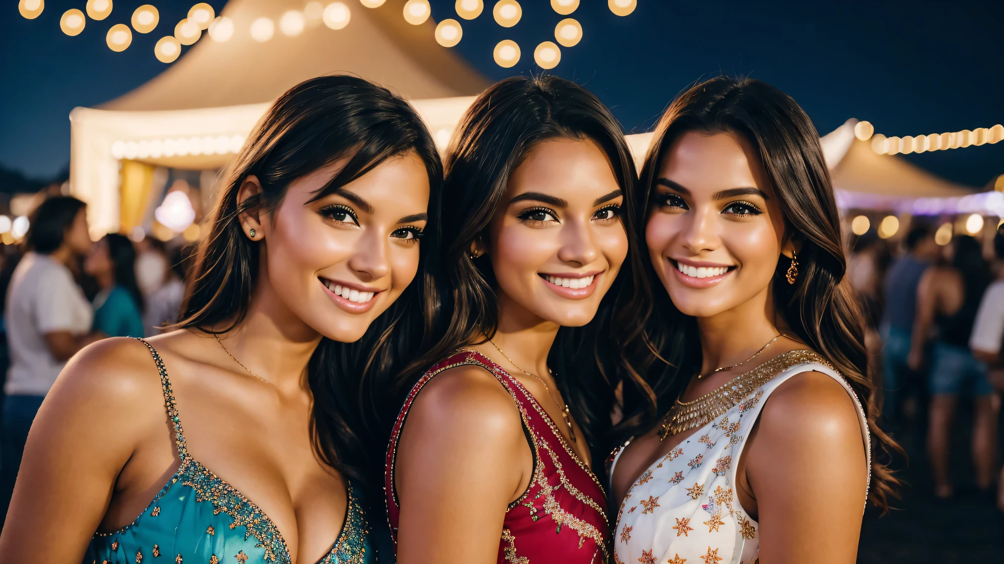 two beauitful model women smiling on a festival at night with beautiful lights