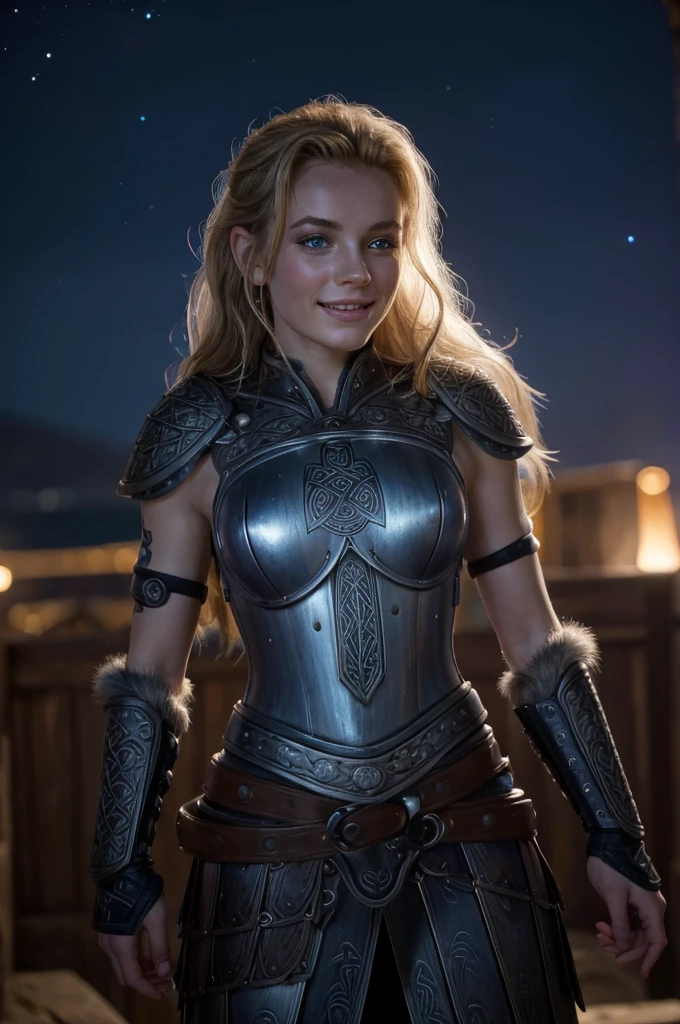 Jeune femme de 25 ans, visage fin, cheveux long, cheveux blonds, yeux bleus, HD, 8K, masterpiece, sourire romantique, sexy, metal lingery, celtic design chest armor, guerrière viking, celtic tattoo, at night, topless, aurore boreale, milky way