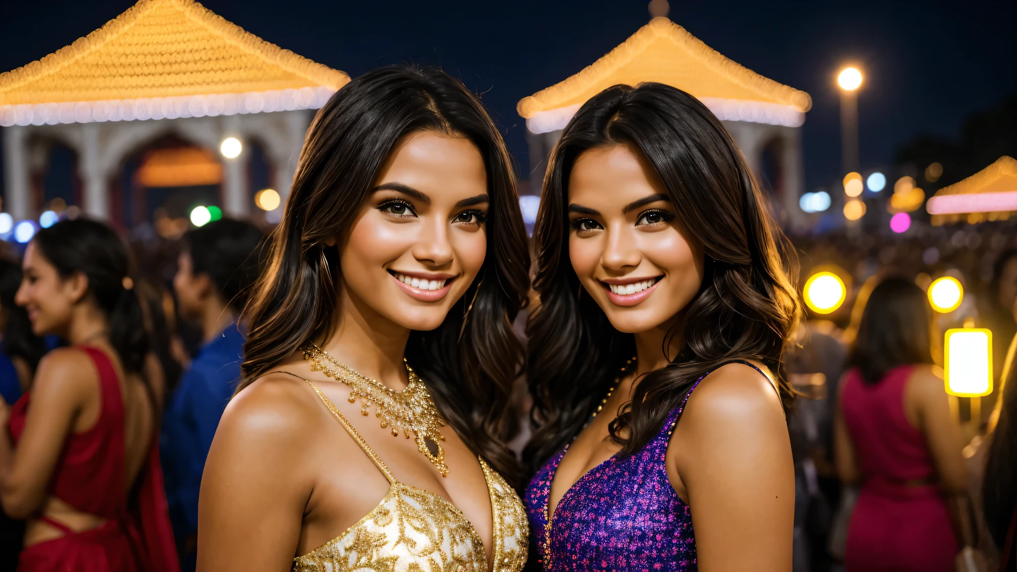 two beauitful model women smiling on a festival at night with beautiful lights