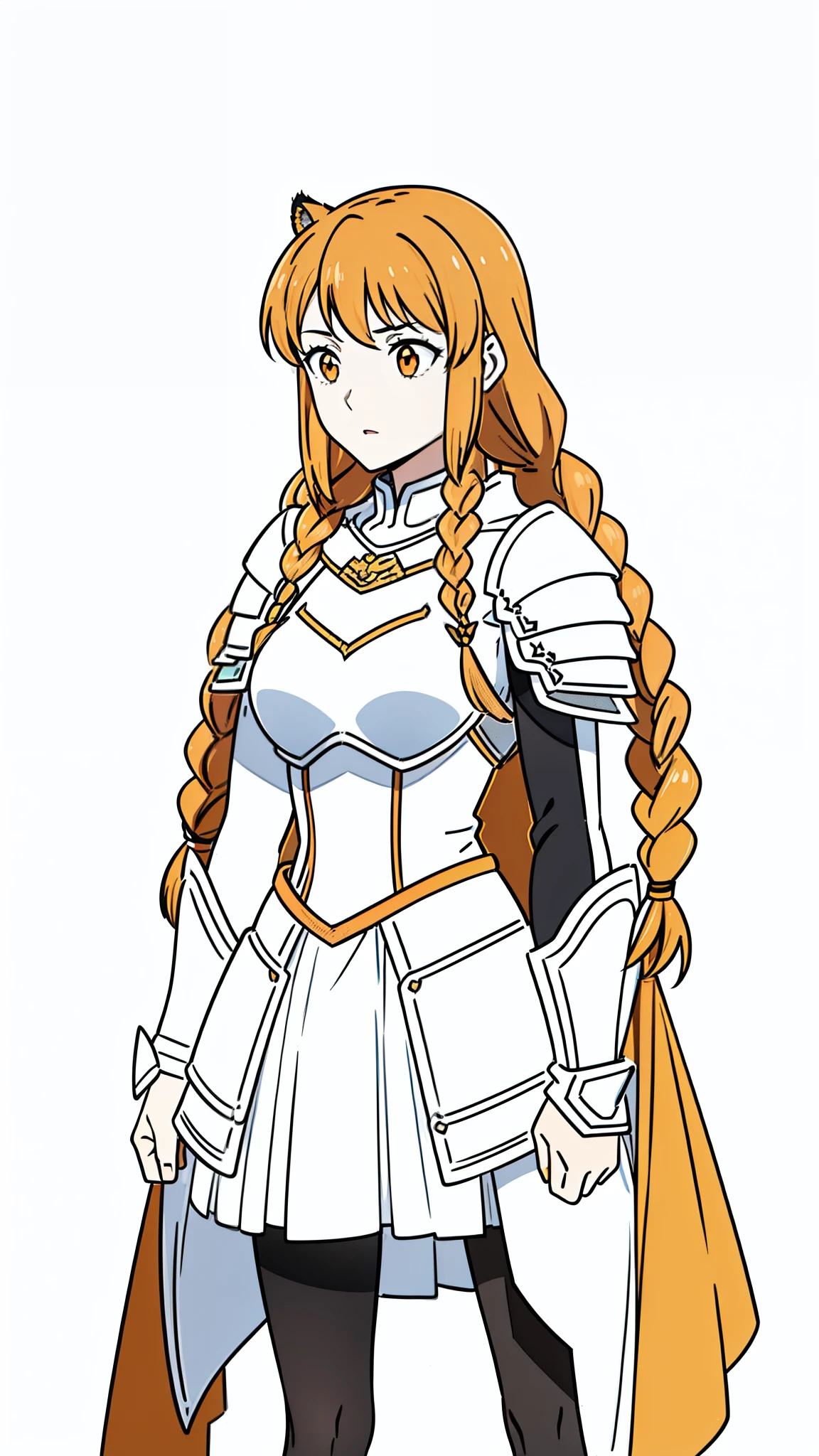 (1girl,20 years old, female,solo),tiger ears,long hair,(twin braids),orange hair,knight armor,(white background,line drawing),perfil,concerned,hands on chest,separated lips,(black pantyh