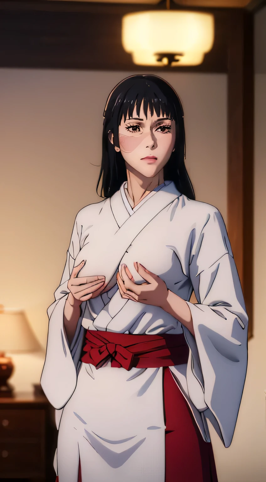 (best quality:1.3), (4k quality),(sharp image), Utahime, ((Detailed face)), ((masterpiece face)),((perfect detailed eyes)) (blush), Utahime, dark hair, long dark tied hair, brown eyes, pink lips, pink lips, sly face, face with stern features, ((detailed face)), perfect face, highly detailed eyes, masterpiece, absurdres , (intricate details), (colorful),cinematic lighting, extremely detailed CG unity 8k wallpaper , 1girl, solo, mature female, erected tits, fit body, cameltoe, white kimono with long red skirt, (tricky glance, wicked smile), living room, ((perfect small erected breast)), standing in seductive pose and showing her nude tits