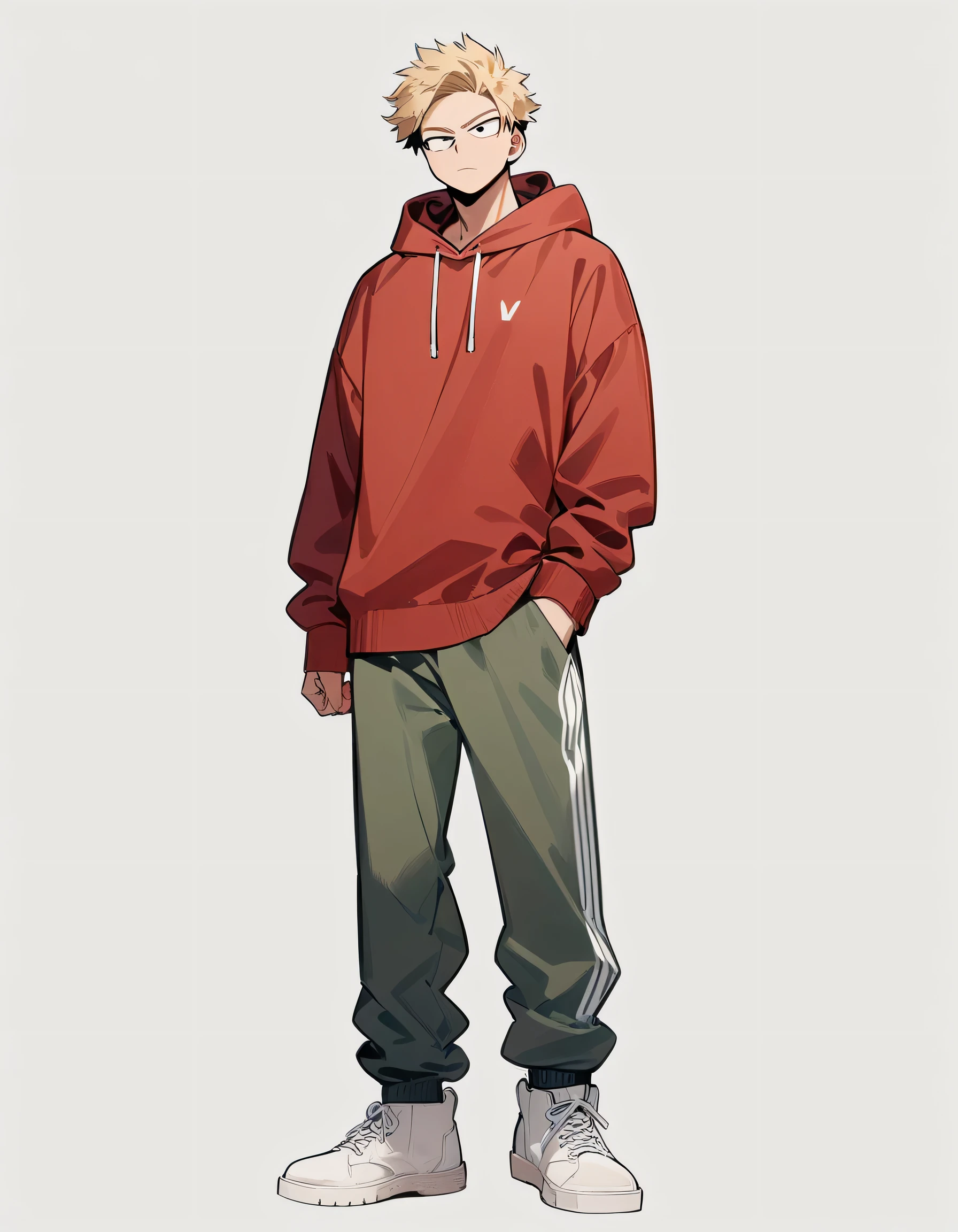 One boy, male focus, brown and blond hair, boku no hero academia, masterpiece, best quality, very aesthetic, red hoodie, navy green joggers, white leather boots, full body illustration, casual front pose.