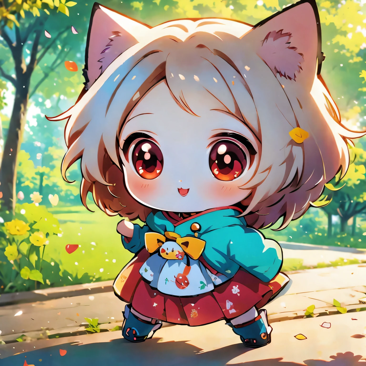 ((Anime chibi style)), Cute kitten in the park，Cute eyes, Dynamic angle, Depth of Field