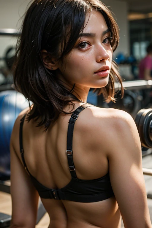 ((best quality)), ((masterpiece)), (detailed), perfect face backless bra gym workout super detailed face super realistic 