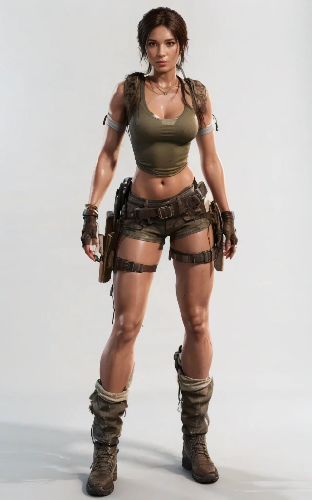 Lara Croft, brown eyes, (best quality, ultra-detailed), (realistic:1.37), beautiful and detailed face, ultra-realistic texture, delicate face, delicate body, red lipstick, bright colors. High definition, 8K, well defined legs