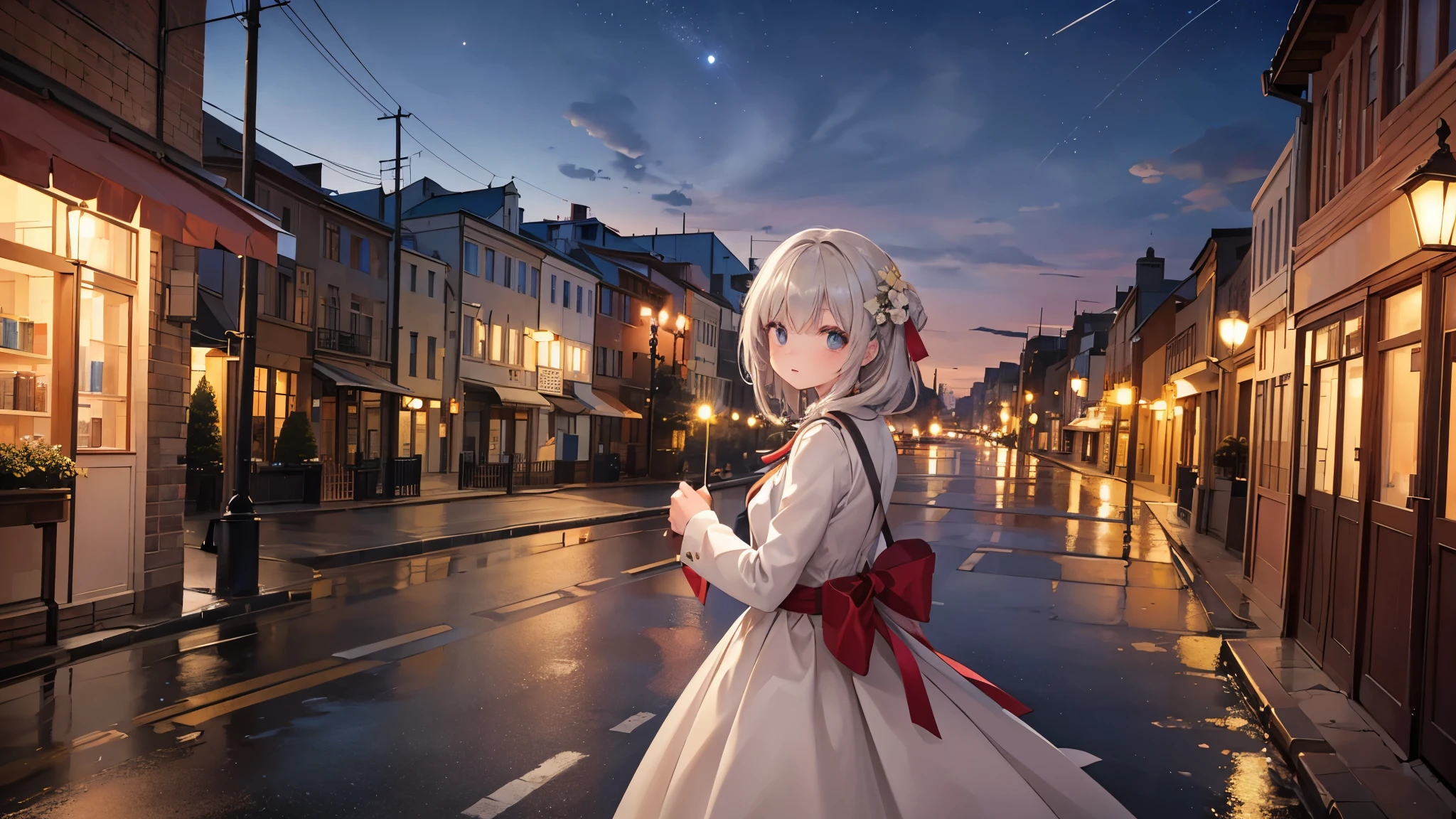 masterpiece, Highest quality, beautiful, {cinematic angle}, gray beige_hair, 1 Girl, {Girl in the distance}, downtown, {{In downtown}}, {outdoor}, Beautiful city of night dreams, City at night, {{Old European Town}}, Old street light