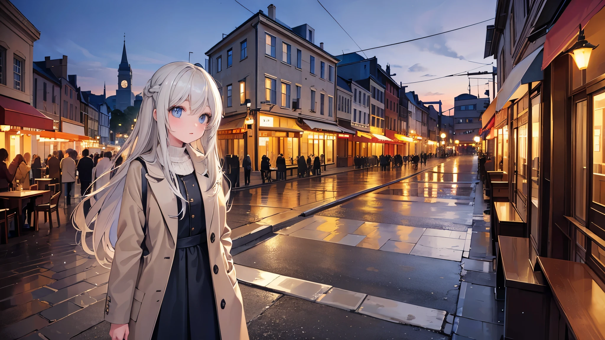 masterpiece, Highest quality, beautiful, {cinematic angle}, gray beige_hair, 1 Girl, {Girl in the distance}, downtown, {{In downtown}}, {outdoor}, Beautiful city of night dreams, City at night, {{Old European Town}}, Old street light