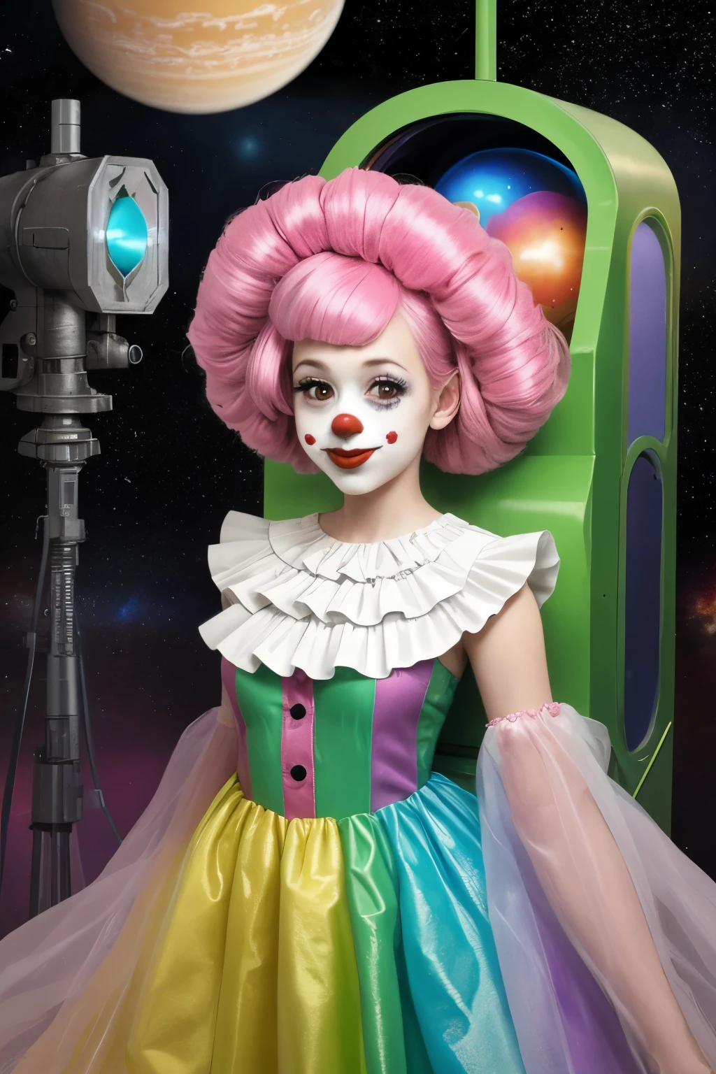 A creepy clown girl with a ray-gun in a space ship, with pink cocoons in the background