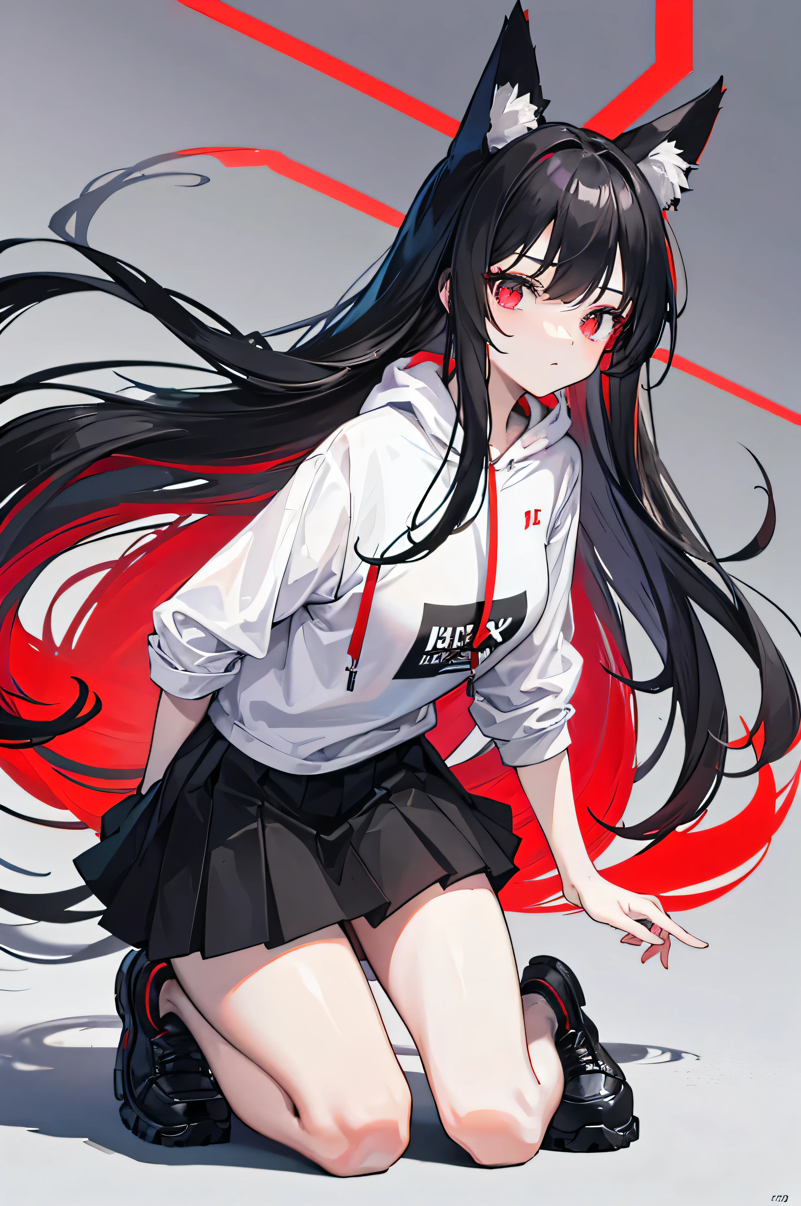 An 18-year-old girl wearing a black hoodie with red elements, a black skirt and shoes. The sweatshirt is unbuttoned and there is a white T-shirt underneath. She has long black hair, a fox tail and ears, and her eyes are red. The background is located on a low wall in the city center at night