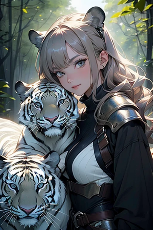 (A beautiful and seductive female warrior with flowing brown hair.)、From the waist up angle、(Hall々White tiger)。彼女の輝くsmileと鋭い眼差しは見る者すべてを魅了し、It embodies strength and sophistication。Exquisite detailing of armor and weapons、Dressed with technology and elegance。Surrounding them is、Lush and vibrant forest background、The sunlight filtering through the dense canopy、It casts a gentle glow on the scene.。The atmosphere is full of adventure and mystery.、Distant cries of wild animals echo through the air.。この畏敬の念を起こさせる画像はHigh resolutionの写真で撮影され、Every intricate detail is visible and、Vibrant colors and textures are highlighted。The final work is、Combining classic artistry with a modern twist、(Incredibly detailed:1.1)、、(High-definition model:1.1)、(Incredibly realisticなトーン:1.1)、(Deep Sharpness:1.1)、(Incredibly realistic:1.1)、(High resolution)、(Detailed waypoints:1.1)、(Detailed Background:1.1)、(Fine details:1.5)、(masterpiece:1.5)、(Detailed face:1.5)smile