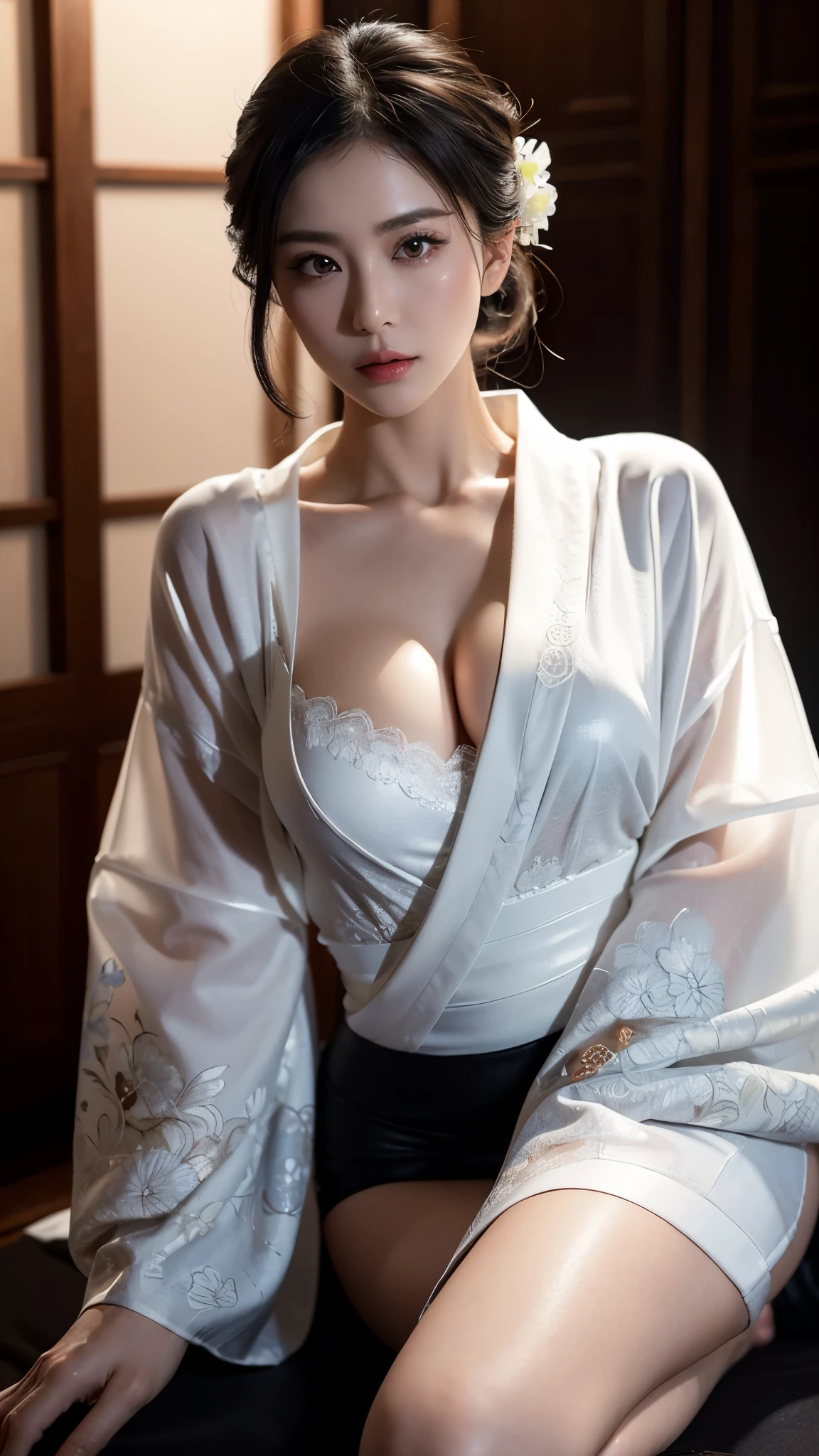 a milf wearing a white kimono, black lingerie, beautiful detailed eyes,beautiful detailed lips,extremely detailed eyes and face,longeyelashes,mature woman,sensual pose,full body shooting,seductive,high quality,photorealistic,dramatic lighting,cinematic,vivid colors,chiaroscuro,moody atmosphere,dark and light contrast,dramatic shadows