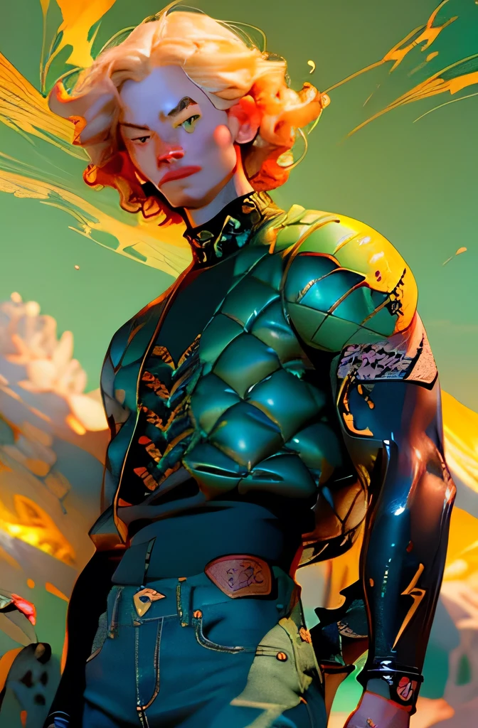 a Man Character, (lemon_green_eyes:1.3), blonde curly hair, (scorpion_tattoo:1.4) on neck, anime style, (detailed_face:1.5), hyper-realistic, intricate details, cinematic lighting, dramatic shadows, vibrant colors, digital art, (masterpiece:1.2), 4k, ultra-detailed, (dynamic composition: 1.4), (best_quality), ((from a popular manga)), badass_guy, ((revealing shirt to show off muscles)), casual outfit, ((jeans and sneakers)), (anime_pose:1.3),