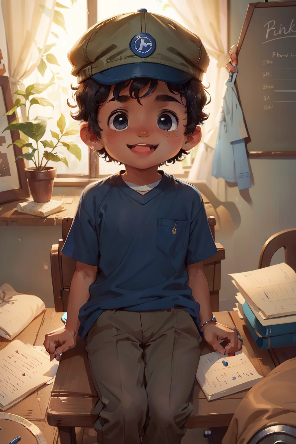 A , 8 years olrly hair, dark skin, wearing khaki pants, blue shirt, cap, curious and kind look, kind, happy and smiling, sitting on the class last bench