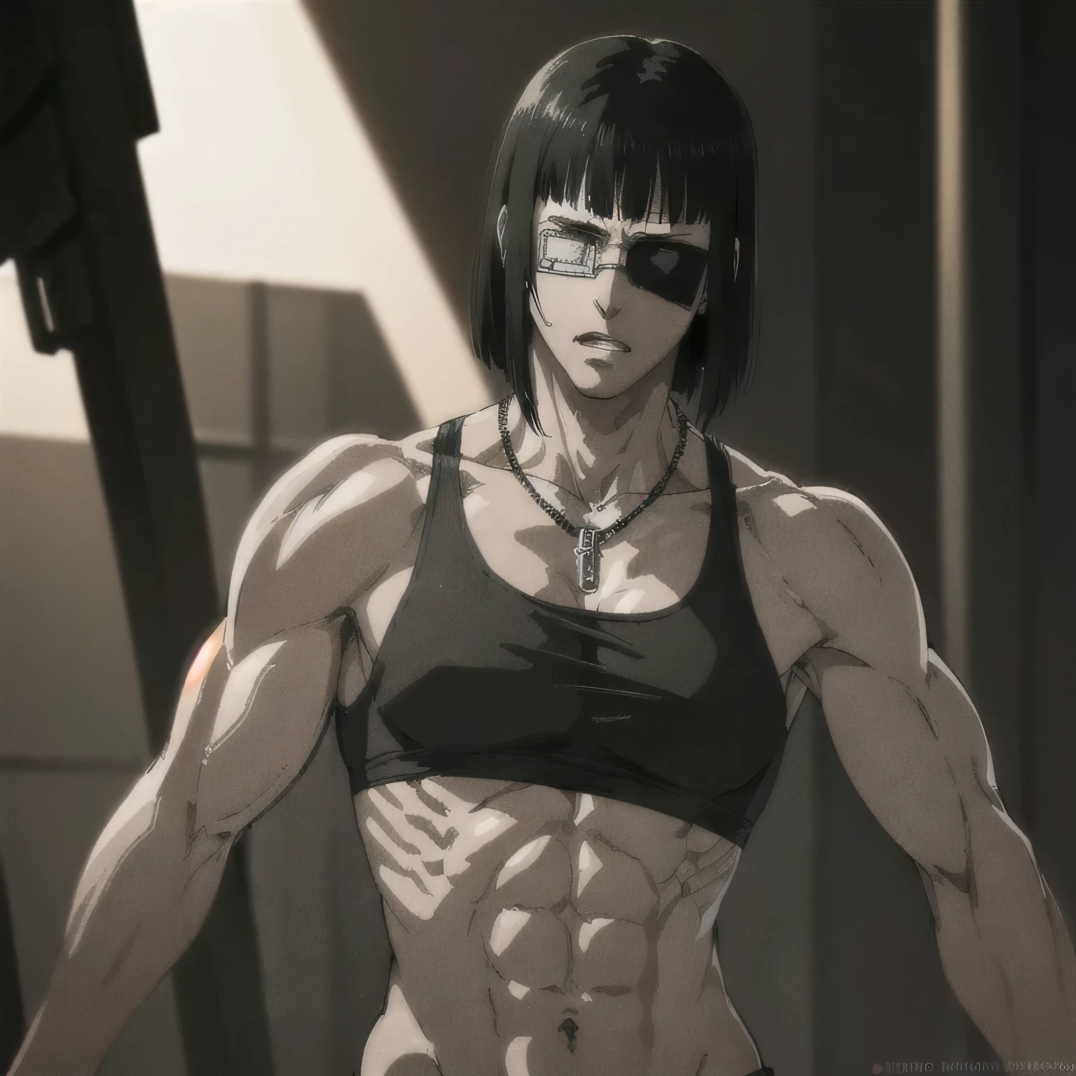 (best quality,ultra-detailed,realistic:1.37),musclaur badass girl with sculpted body with preview her musclaur body and six-pack, full review of the female character's face and body, intense expression,studio lighting, vivid colors, physiologically-based rendering, grungy texture, rugged background, dust particles in the air, commanding presence, professional, powerful, gritty aesthetics,,Valmet،short hair،tattoos on shoulders,,Shining muscles, muscle protrusion,wearing military male black underwear and midriff tank top,necklace,Valmet have a sex muscles,eyepatch,penis,penis growth inside underwear,penisQuiron,