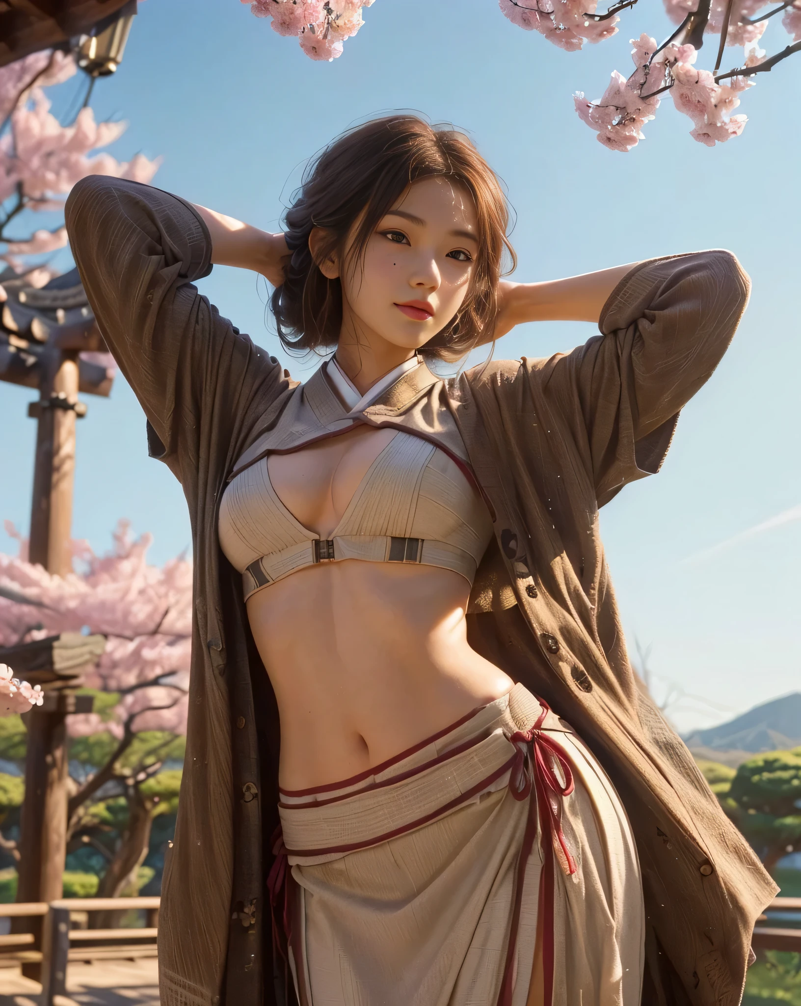 1girl, (emma), brown hair, bandage on, mole under eye, eyebrows behind hair, smirk, perfect body, wears traditional japanese dress, ((Hyperrealism, masterpiece, UHD, anatomically correct, textured skin, super detail, high details, award winning, best quality, 8k, depth of field, cinematic, drop shadow, soft lighting, warm tone)), full torso, low angle shot, japanese garden, sakura trees, skies