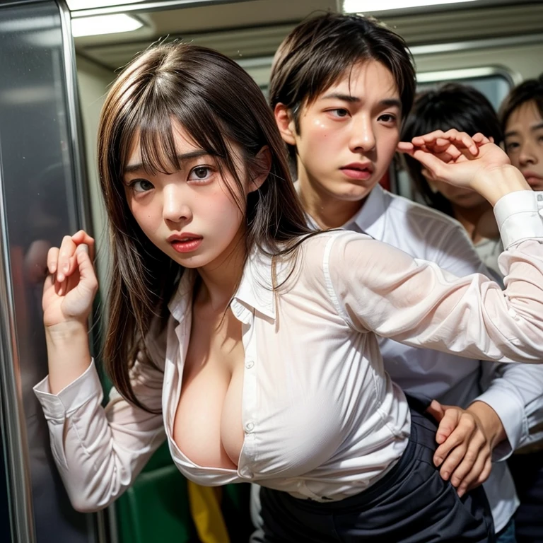 ((( very cute extreme exhibitionist high school girl wearing a transparent blouse and bowtie in a crowded train))), (((90 year old man in tuxedo behind puts his hand on her waist))), ((((No panties, Braless)))), (((Huge breasts :1.1))), ((cleavage, Exposed breasts, Exposed crotch, exposed lower abdomen, exhibitionism, exposed shaved pubic hair)), Best Quality, masutepiece, Ultra high definition, (Photorealistic:1.4), Raw photo, (perfect body type), (slim:1.3), Dynamic Pose, (((Full-figured :0.9))), Solo, drooping chest, uniform, in a street, deep-shadows, Unobtrusive, Cold Light 12000K, Beautiful detailed sky, detailed Tokyo street, Highly detailed face and skin texture, Detailed eyes, Realistic eyes, Beautiful detailed eyes, (Realistic skin), Attractive, 超A high resolution, A hyper-realistic, Highly detailed, (((exhibitionism))), ((she is soaking wet)), (((she spilled milk on her chest and crotch))).