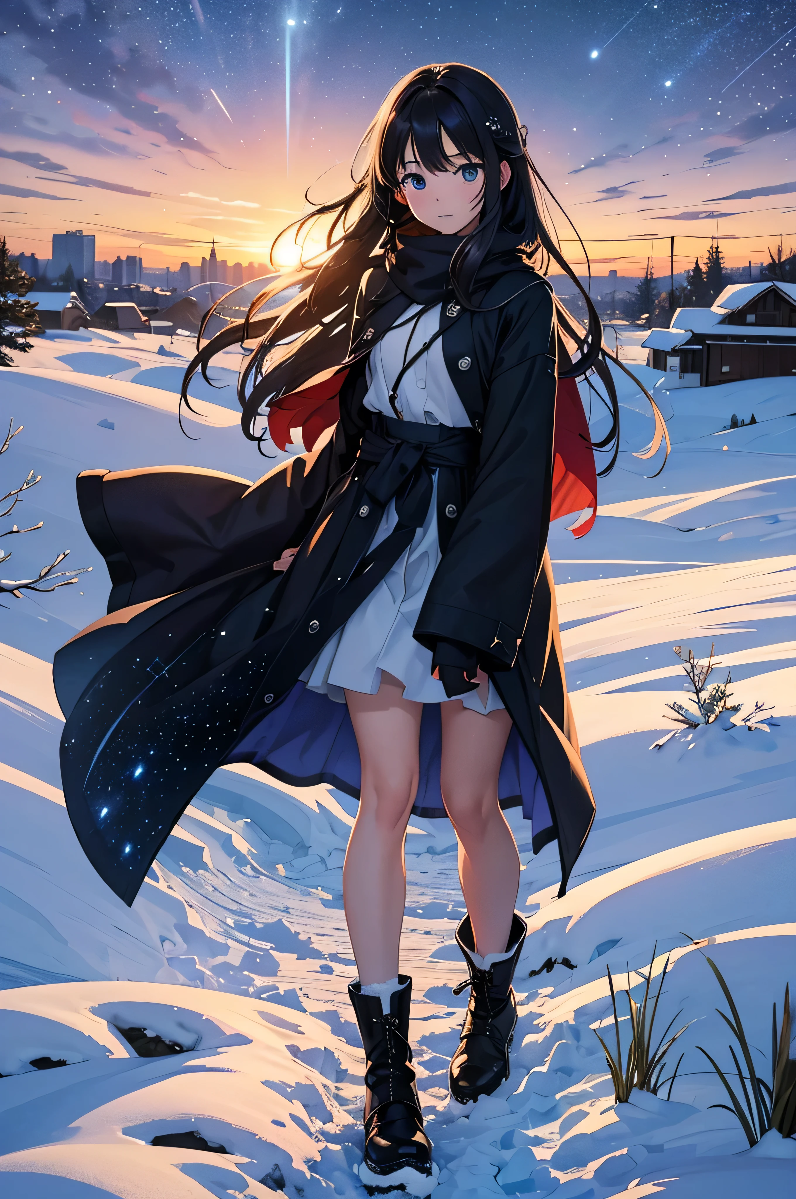 After several hours, I walk home with my boots crunching through the snow, I tilted my head back、The transparent star々I looked at. And with impressive clarity, It was as if the voice was coming from right behind me., I heard a melody so sweet and pure、I had to hug my arms to my chest to keep from collapsing.。: Under this Starry Sky、Under the skyを歩きながら思うのは、Jesus, my Savior、Poor people like you々for、That He Came to Die。Under the skyを歩きながら思うのは、Jesus, my Savior、Poor people like you々for、That He Came to Die。Under the sky、Under the Hill、Sunset over the city。. Flying Bird, winter, winter colors, Tree Leaves, Starry Sky, Prussian Blue Sky Color Cobalt Blue Purple Cyan. planet, Giant Saturn visible near Earth, Giant half moon, Bright Star, shooting star, Windblown Canyon, Pretty girl,