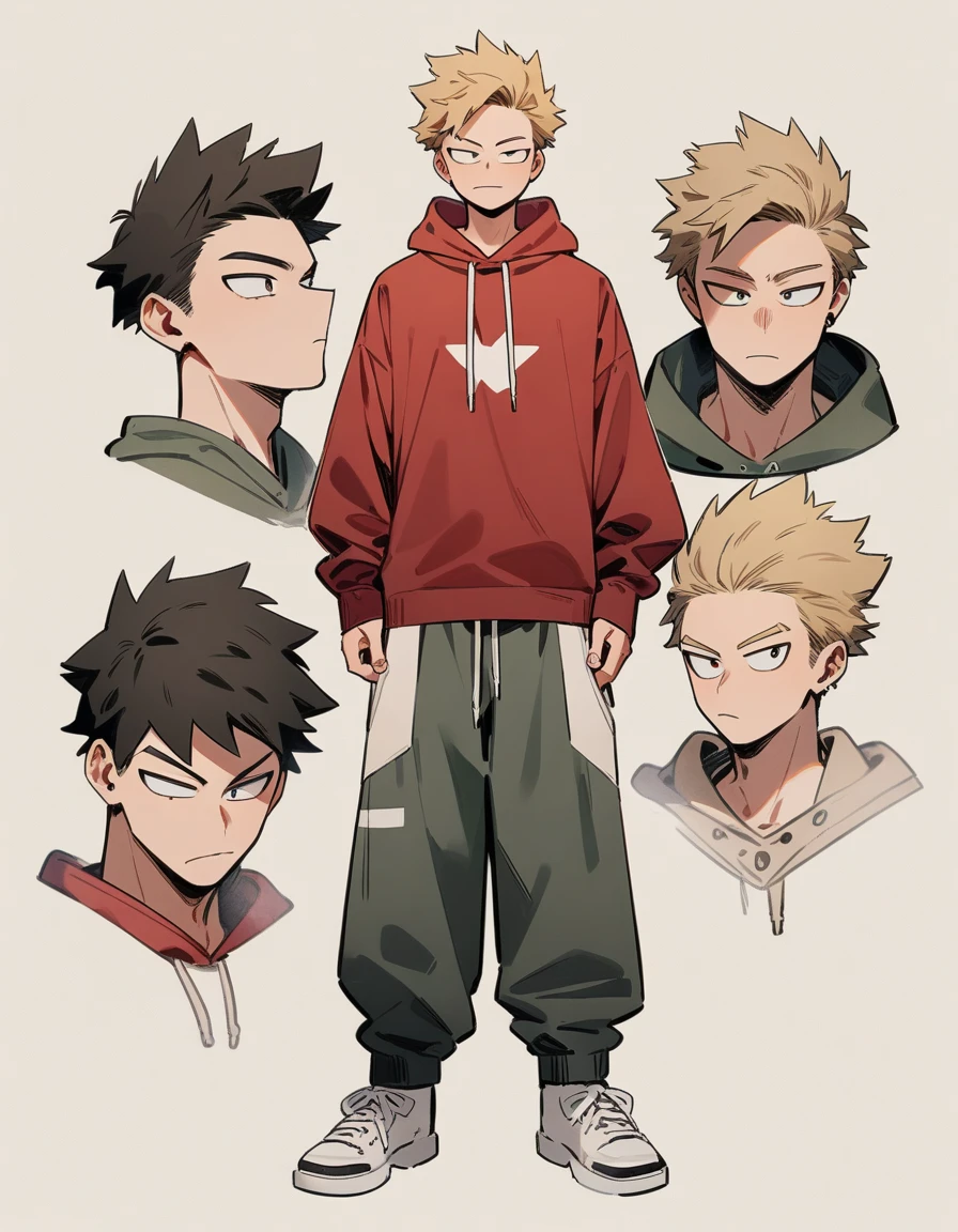One boy, male focus, brown and blond hair, boku no hero academia, masterpiece, best quality, very aesthetic, red hoodie, navy green joggers, white leather boots, full body illustration, casual front pose.