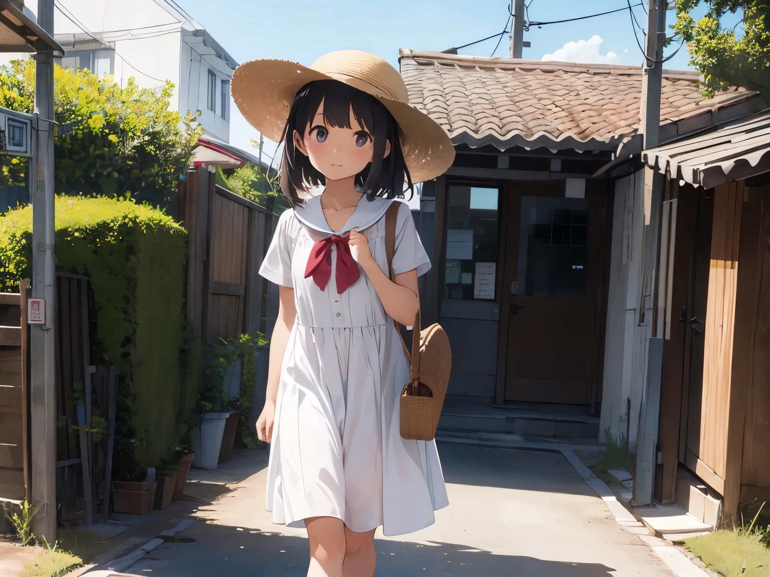 Elementary school girl in the lower grades、Pure white dress、barefoot、Red sandals、Straw hat