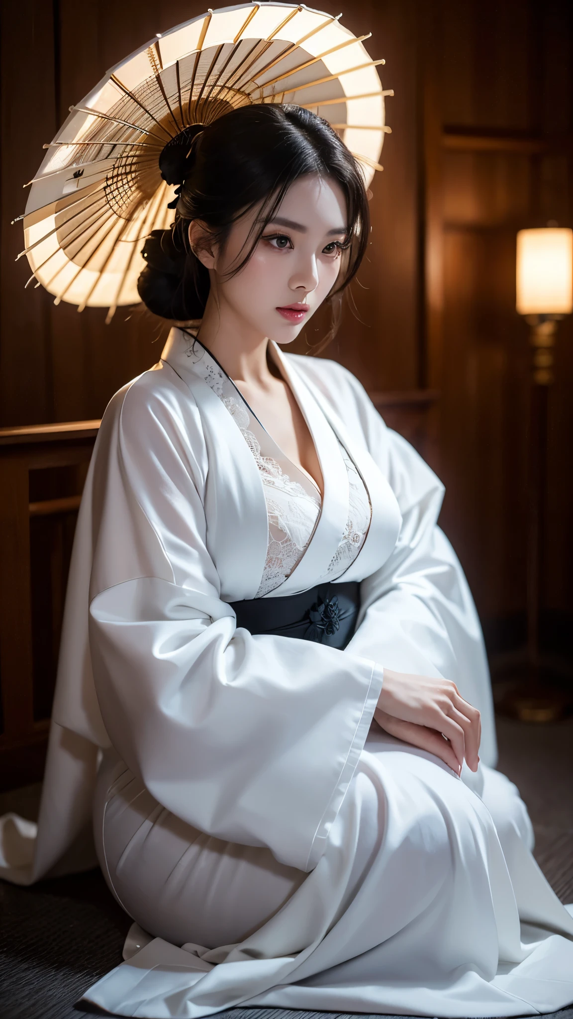 a milf wearing a white kimono, black lingerie, beautiful detailed eyes,beautiful detailed lips,extremely detailed eyes and face,longeyelashes,mature woman,sensual pose,full body shooting,seductive,high quality,photorealistic,dramatic lighting,cinematic,vivid colors,chiaroscuro,moody atmosphere,dark and light contrast,dramatic shadows