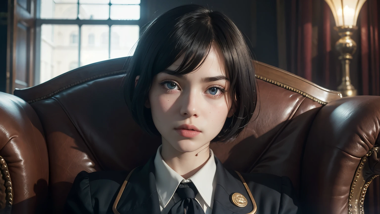 35mm film, solo, bob cut, makeup, blue eyes, small tits, (anime school uniform), looking at viewer, palace (((in a armchair))) upper body, epiCPhoto,focus on face, close to viewer, intricate lines, intriguing atmosphere, sharp magnificent details, delicate features, elaborate details, beautiful girl, black hair, (short hair) twenty year old woman, ((upper body)) (Acne), ((warm lighting))