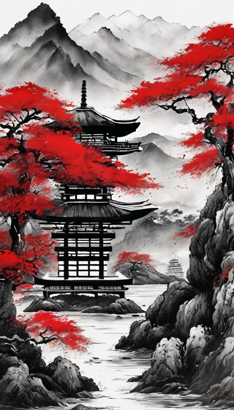 Black ink art, black and white painting, landscape, with some red elements, landsacpe of montains and old japanese temple, 