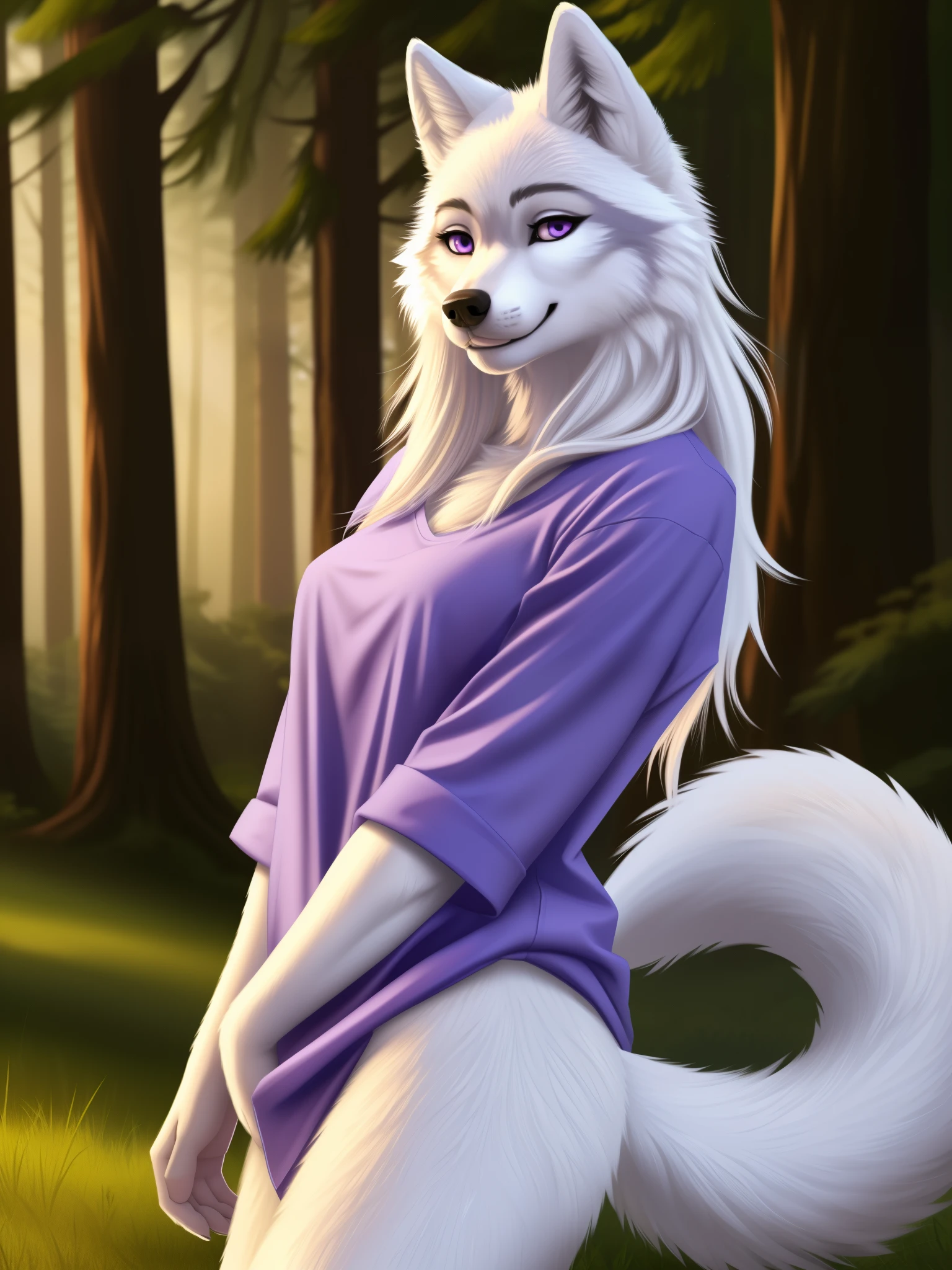 Posing, Female, 30 years old, cute, eyeliner, long hair, biting lip smile, blue shirt, bedroom eyes, anthro, wolf ears, (white fur:1.5), baggy shirt, wolf, forest background, 8k, hi res, (best quality, masterpiece), purple eyes, (wolf tail:1.5)