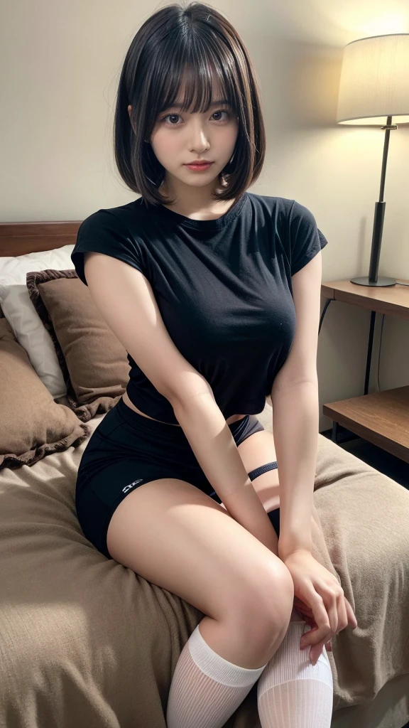 masterpiece, best quality, illustration, Super detailed, fine details, High resolution, 8K,wall paper, perfect dynamic composition,(Details High quality, realistic depiction of eyes:1.3),  A girl wearing a black T-shirt, Erotic Shorts, knee high socks, short bob hair, black hair color, Big Natural Color Lip, bold sexy pose, (perfect body shape), crying a little、cold gaze, Harajuku style、20 year old girl、cute type、lolita、beautiful legs, hotel room, hposing Gravure Idol, Voluptuous thighs