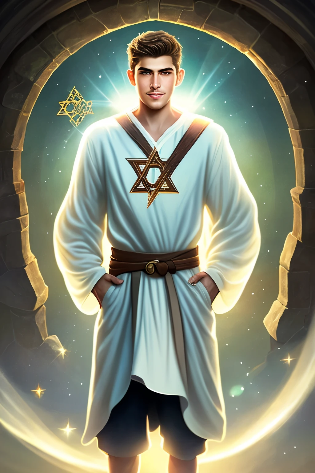 Original art quality, full-body image, animation style inspired by Jewish biblical characters, young and handsome figure of Lucas adorned with the Star of David, fearfully reverent towards God, sporting a small beard, standing posture, hands naturally placed on both sides, looking ahead with a soft, smiling expression, eyes filled with light, white background illuminated, set in Israel, translucent, with light as the theme, the focus of light is on the characters, the overall image is fresh and bright.