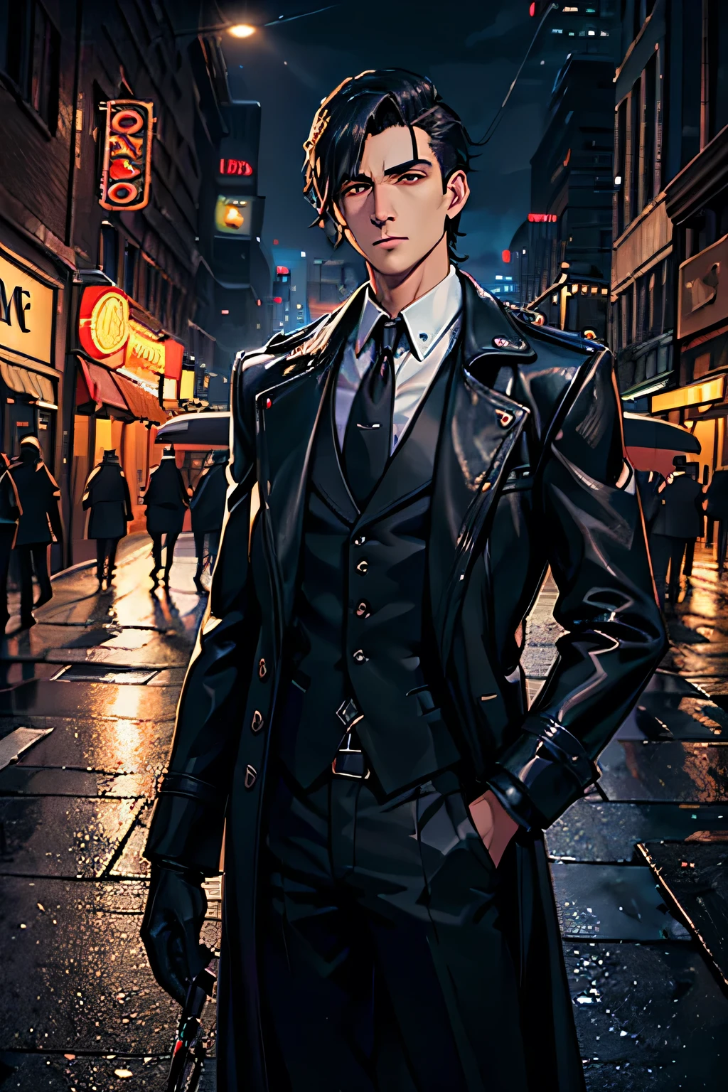a 22 year old italian man with deep eyes and olive skin, short hair or side-parted hairstyle, wearing a black mafia suit, trenchcoat, tie and cufflinks, leather gloves, holster, standing confidently with one hand in pocket, alert gaze, on a 20th century chicago street with vintage buildings and neon lights, at a pawnshop at night, dramatic lighting, (best quality,4k,8k,highres,masterpiece:1.2),ultra-detailed,(realistic,photorealistic,photo-realistic:1.37),chiaroscuro lighting,dramatic shadows,cinematic composition,ultra-fine details,vivid colors