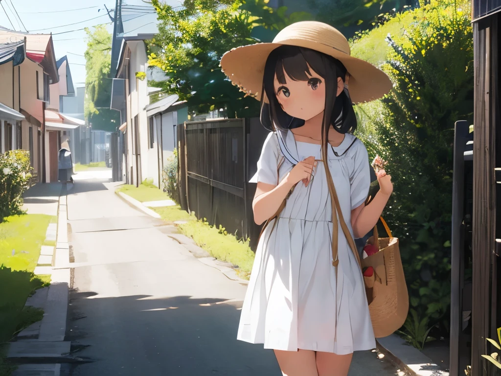 Elementary school girl in the lower grades、Pure white dress、barefoot、Red sandals、Straw hat