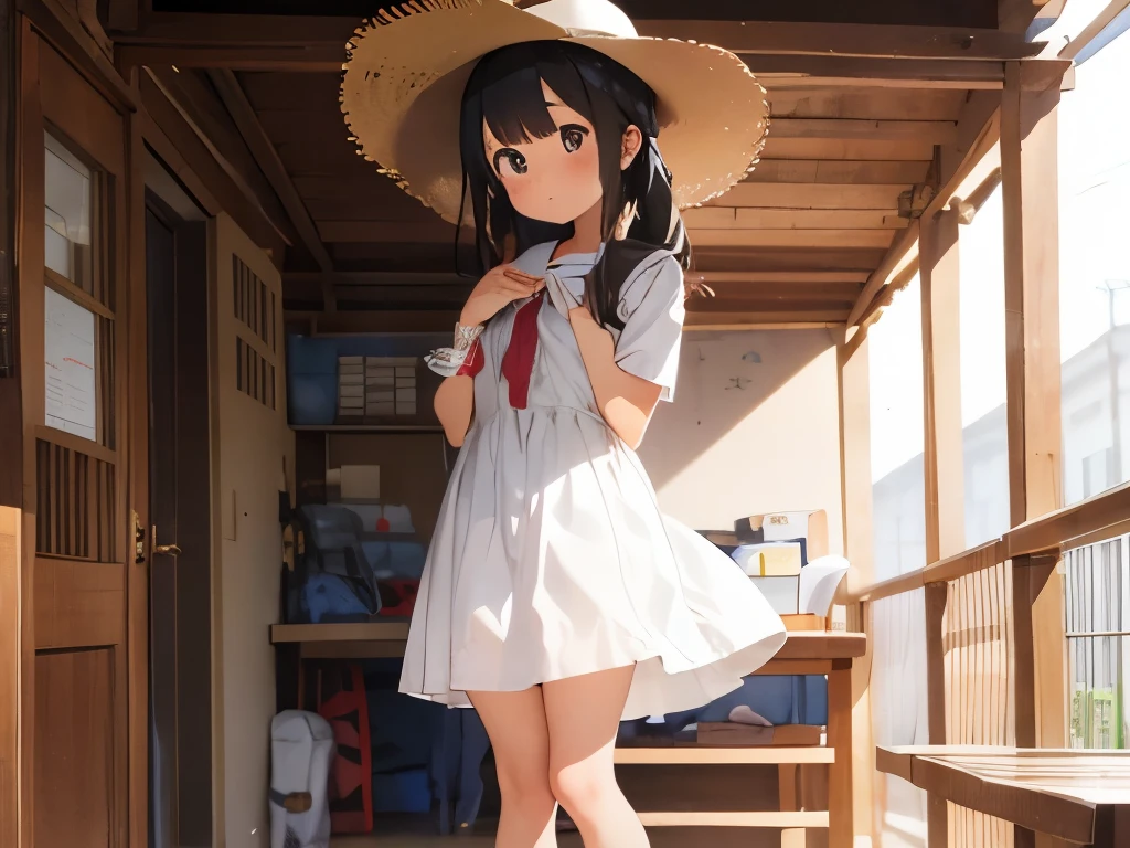Elementary school girl in the lower grades、Pure white dress、barefoot、Red sandals、Straw hat