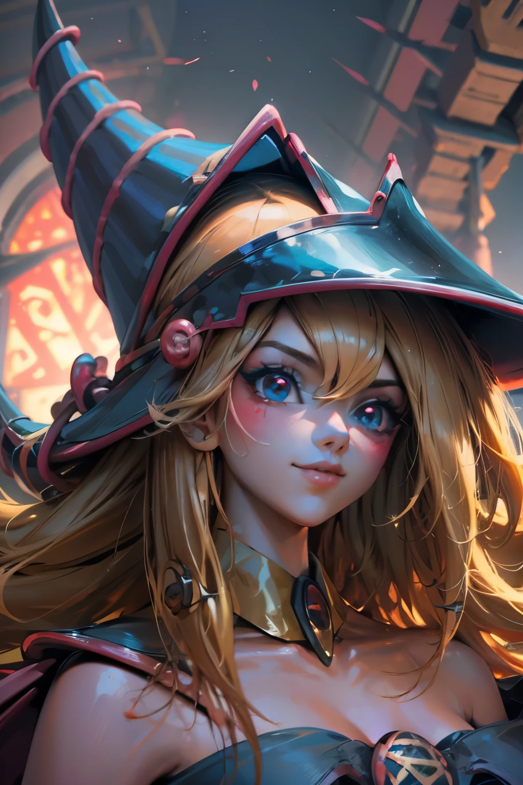 Hermoso rostro de dark magician gils, ojos azules. Labios rosados. Cabello rubio y largo. Ombros descubiertos, sonrisa angelical, hermoso rostro bien detallados de dark magician gils.