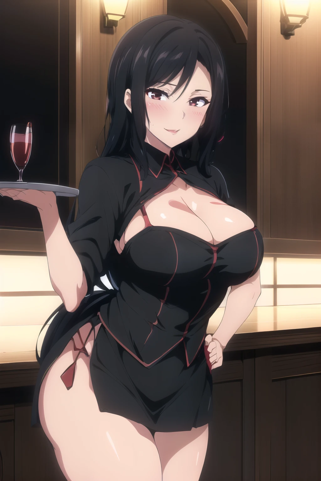 (hentai, risqué, High resolution, 8K, Extremely detailed, Sexy waitress, Ultra HD, Ultra-detailed, Anime style screen cap: 1.3, Anime colours: 1.2)

long legs, (serving tray in hand), (Black hair, wavy and shoulder-length), (emphasizing cleavage), (leaning on hip), (Looking at the viewer with a seductive gaze), (Black miniskirt that barely covers her private areas), (high heels), (Red lipstick), (blushing cheeks), (sunlight from the bar illuminating her figure), (thick outlines,