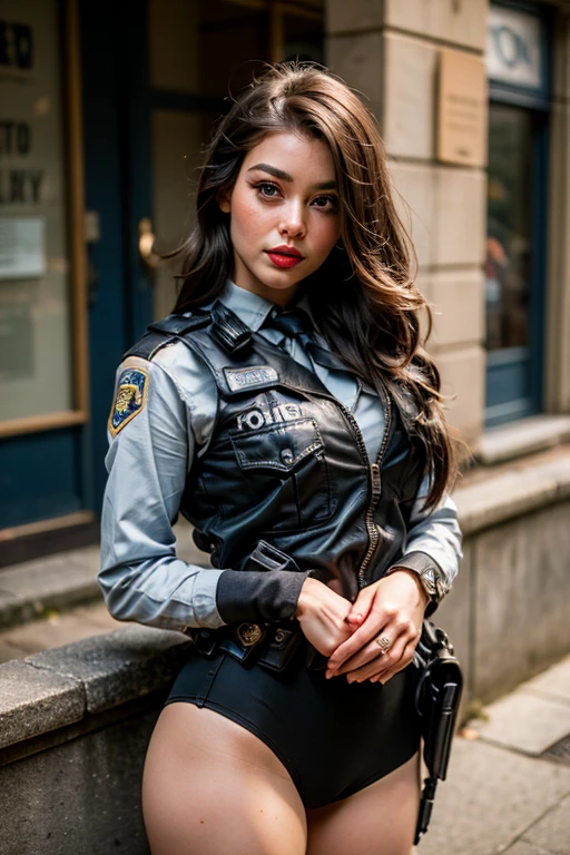 ((best quality)), ((masterpiece)), (detailed), perfect face America cop uniform tight uniform Elsa hairstyle super pumped lips red lipstick big lips police sexy pose 