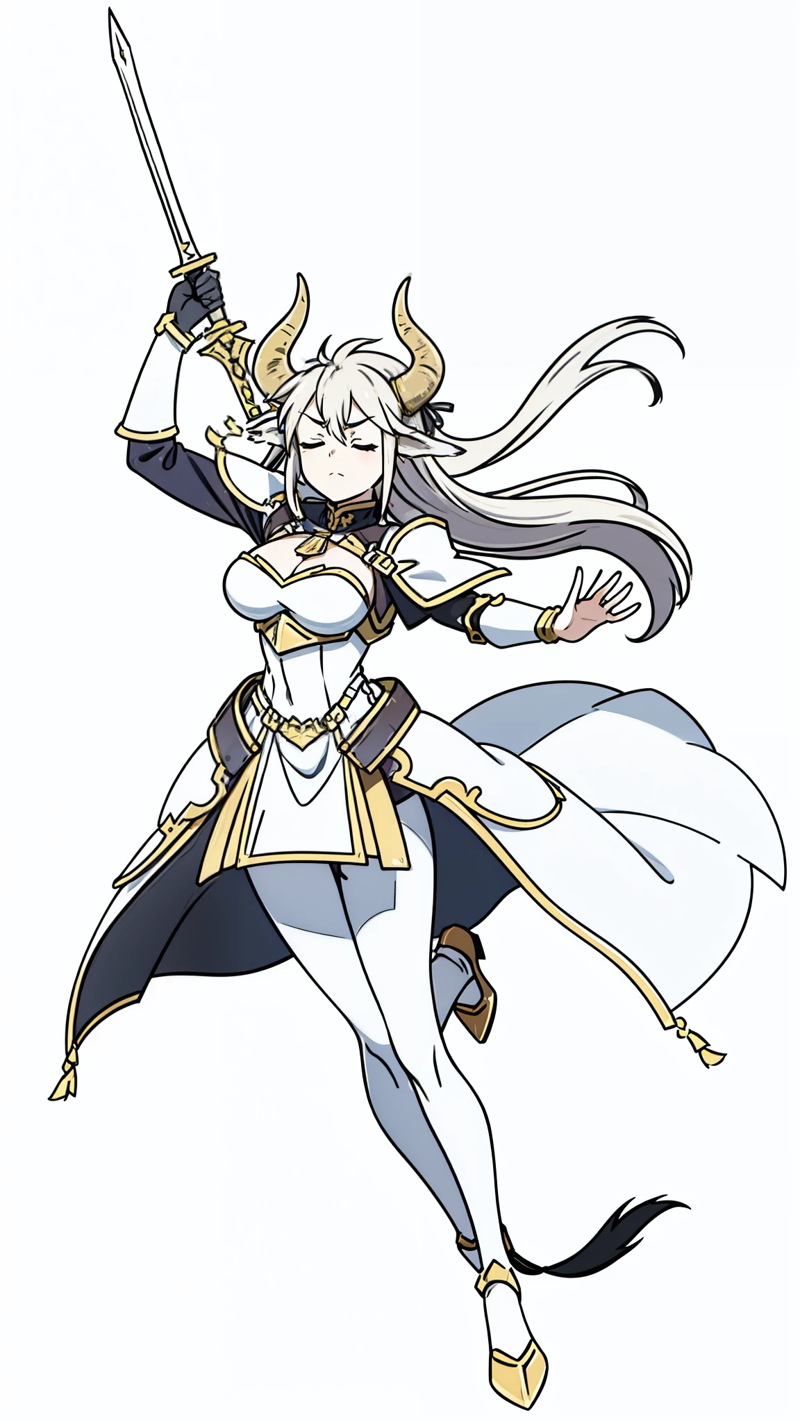1girl,20 years old,solo,(white background,line drawing),long hair,horns,gold knight armor,cow ears,(black pantyhose),raising the sword up,closed eyes,head up, floating,full body