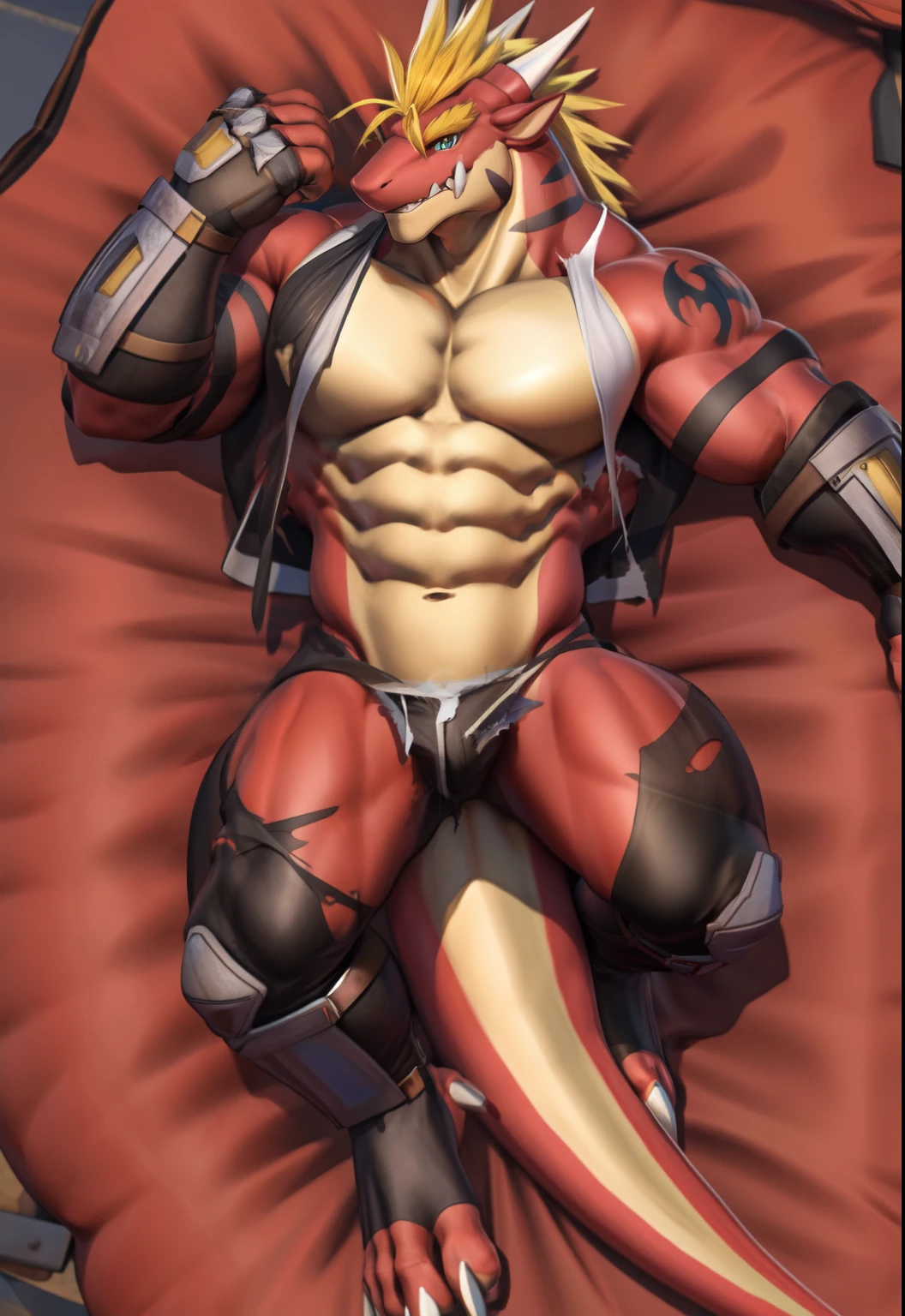 (full body), Delga, giant on tiny bed, ripped clothes, being attractive to you