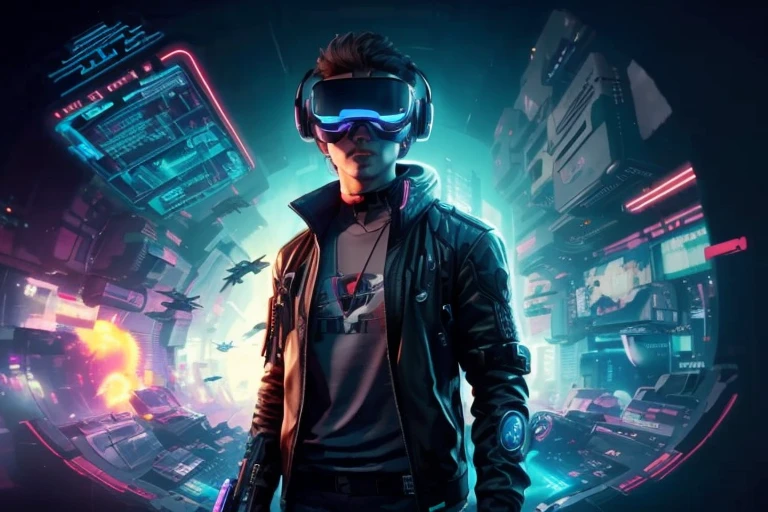 A man in a black jacket and glasses stands in front of a futuristic city, vr game, Cyberpunk vibe, Cyberpunk vibes, mais fundo no metaverso vamos, tem estilo cyberpunk, tema ciberpunk, no cyberpunk 2077, ciberpunk futurista, futuro ciberpunk, synthetic wave, vestindo roupas cyberpunk, ciberpunk futurista, tecnologia ciberpunk, retro cyberpunk, synthetic wave style