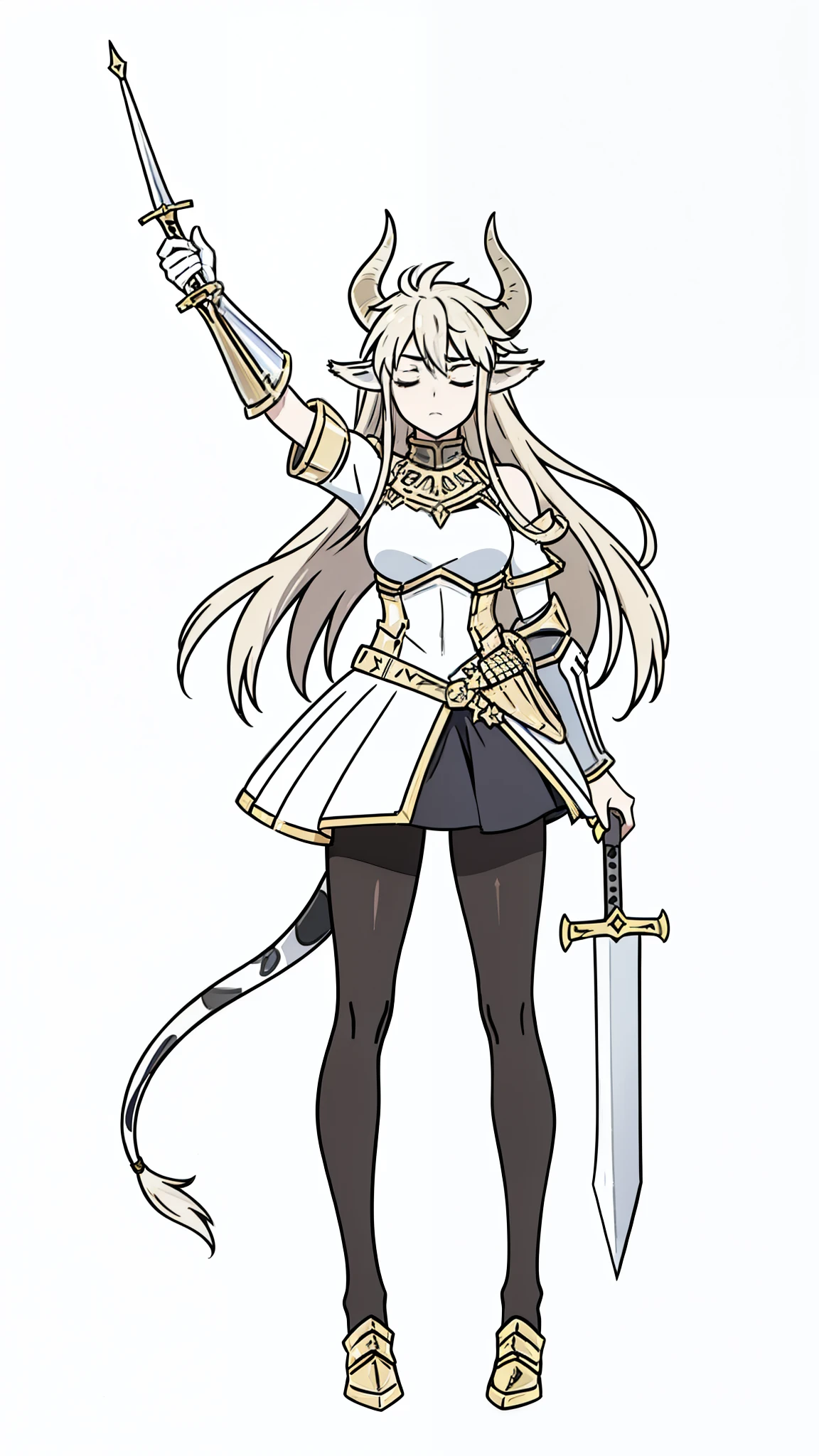 1girl,20 years old,solo,(white background,line drawing),long hair,horns,gold knight armor,cow ears,(black pantyhose),raising the sword up,closed eyes,head up, floating,full body