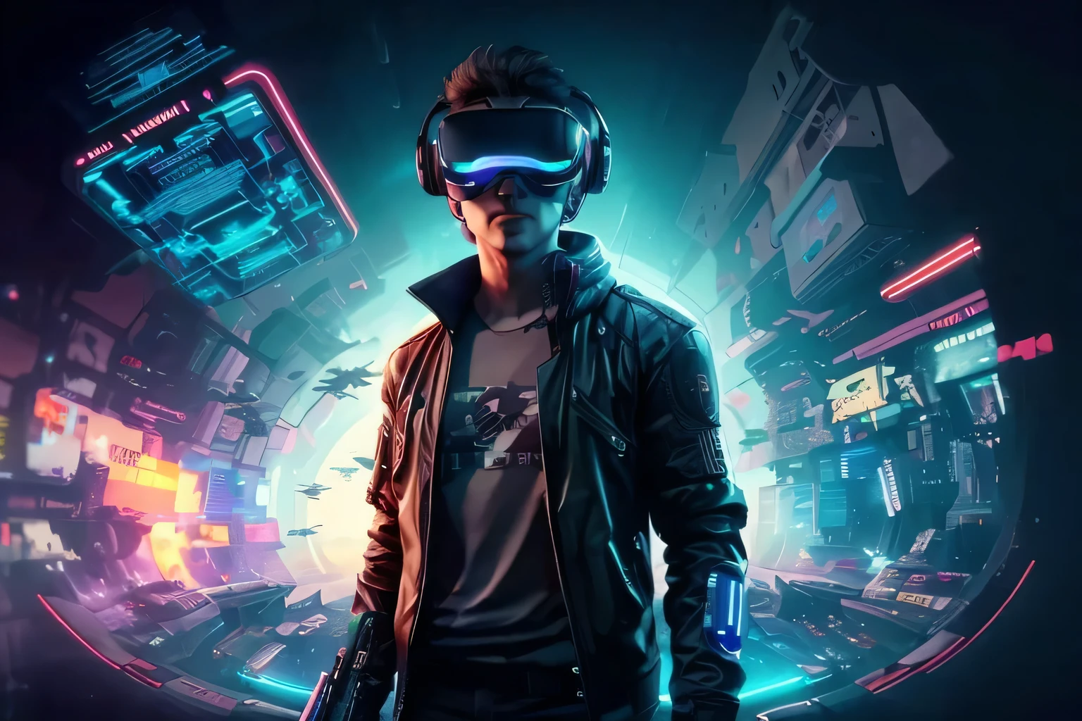 A man in a black jacket and glasses stands in front of a futuristic city, vr game, Cyberpunk vibe, Cyberpunk vibes, mais fundo no metaverso vamos, tem estilo cyberpunk, tema ciberpunk, no cyberpunk 2077, ciberpunk futurista, futuro ciberpunk, synthetic wave, vestindo roupas cyberpunk, ciberpunk futurista, tecnologia ciberpunk, retro cyberpunk, synthetic wave style
