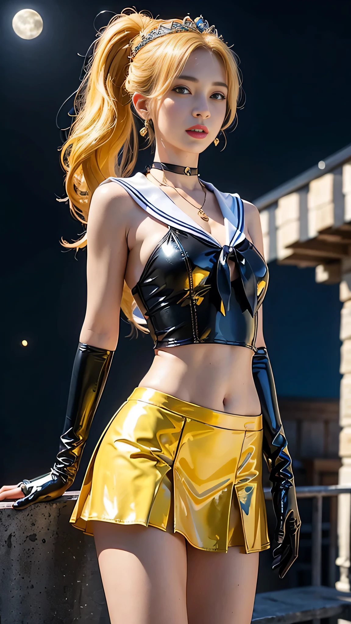 ((masterpiece:1.4)、(highest quality:1.4)、(Realistic:1.7))、Masterpiece:1.4、(Top-notch rendering:1.4)、beautiful girl、(Beautiful girl Sailor Moon 2:1.7)、MoonWild Rabbit、(Body Fit Sexy Sailor Warrior Uniform:1.4)、(Shiny latex:1.7)、(The jacket is a white sleeveless sailor suit....:1.4)、(Skirt Blue Sexy Ultra Ultra Pleated Mini Skirt:1.4)、The sailor suit collar has two thin blue lines...............:1.2、High leg swimsuit、Red cloth decoration on chest:1.2、(Wearing white gloves)、Cute Girl、Super Beauty、Sharp Focus、Portrait Photography:1.4、8k、Photorealistic images:1.4、(Perfect female body:1.4)、Perfect proportions、(Upper body shot:1.4)、Beautiful Face、Beautiful Eyes、(Narrow waist:1.4)、(9-body proportions beautiful girl:1.4)、(A beautiful girl with long legs and a good figure:1.4)、Beautiful feet:1.2、(Yellow Hair:1.4)、(Long Hair:1.2)、(ponytail:1.2)、Beautiful breasts、Large Breasts:1.2、sexy ass、Raw photo、Red lips、Red high heels:1.4、choker:1.4、necklace:1.4、Earrings:1.4、Gorgeous golden tiara:1.4、1 Screen Display:1.4、moon、universe、spaceship、Universe Station、City of the Future