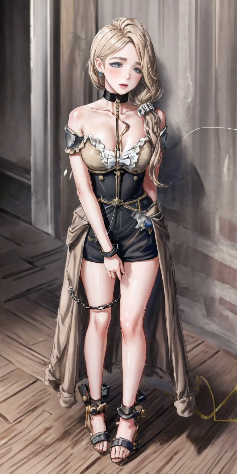 (masterpiece, best quality), intricate details, 1girl, Mercedes von Martritz from Fire Emblem (standing full body toe to head by wooden pole:1.2) iron collar, arms behind back, iron cuffs, shackles, bound, bondage outfit, harness, o-ring, bondage outfit blindfolded cover eyes, happy red cheeks, chain leash collar choker neck bell shackles wristbands bracers bracelets, cleave gag