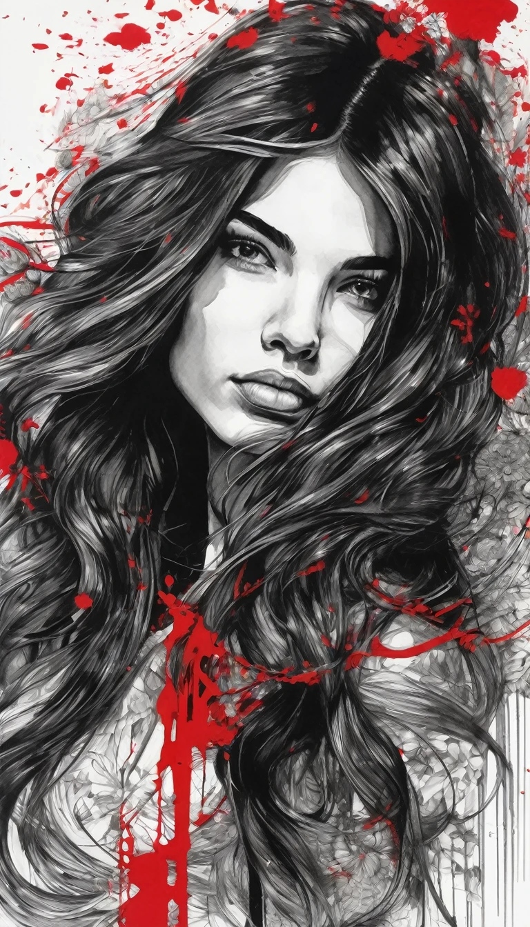 Black ink art, black and white painting, portrait of young woman with long hair, with some red elements, detailed face and background, 