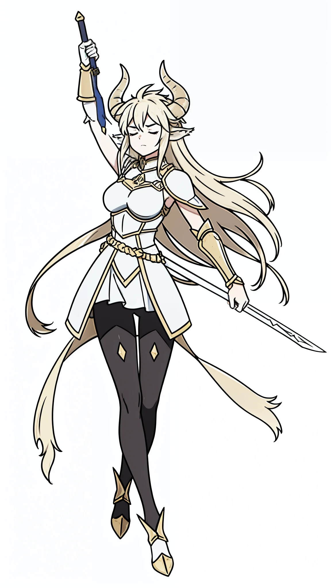 1girl,20 years old,solo,(white background,line drawing),long hair,horns,gold knight armor,cow ears,(black pantyhose),raising the sword up,closed eyes,head up, floating,full body