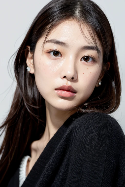 Korean girl round forehead thin nose straight eyebrows small eyes full lips oval face long brown hair full body modeling dressed in black tough attitude