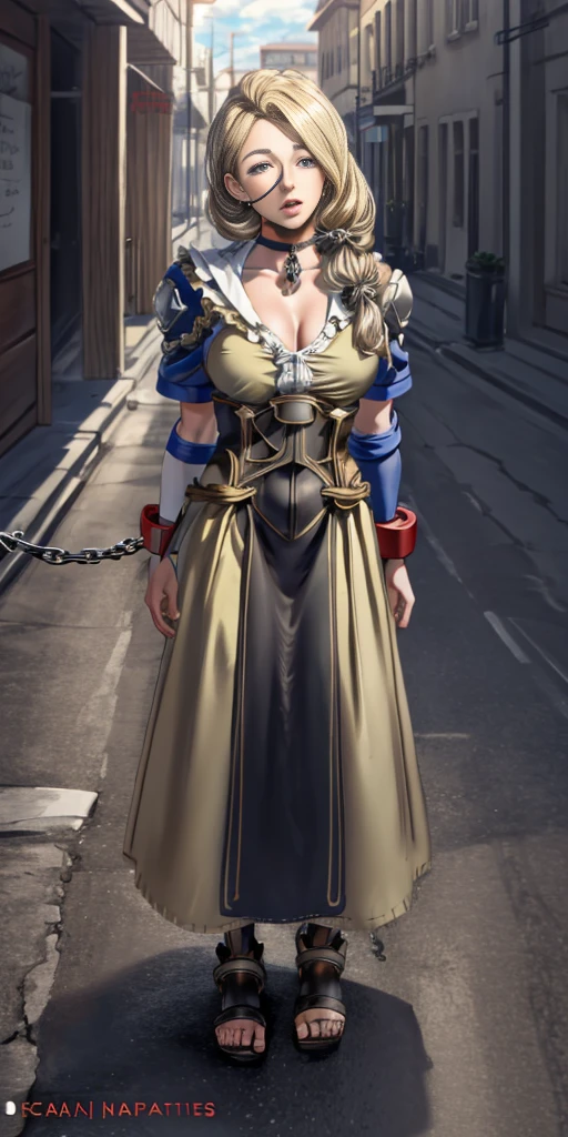 (masterpiece, best quality), intricate details, 1girl, Cammy White from Street Fighter (standing full body toe to head by wooden pole:1.2) iron collar, arms behind back, iron cuffs, shackles, bound, bondage outfit, harness, o-ring, bondage outfit blindfolded cover eyes, happy red cheeks, chain leash collar choker neck bell shackles wristbands bracers bracelets, cleave gag